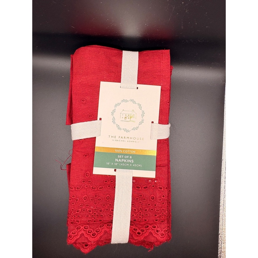 Rachel Ashwell The Farmhouse Red Cotton Eyelet Napkins Set of 8 Scalloped 18x18